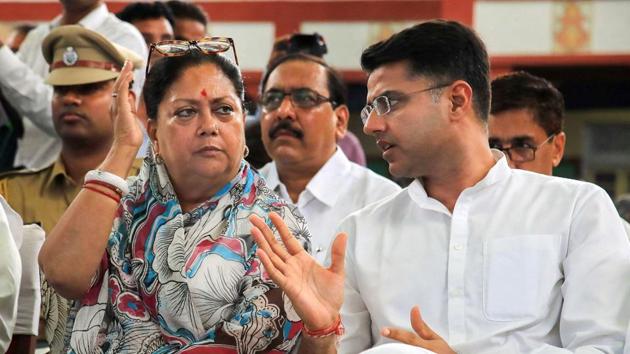 Rajasthan chief minister Vasundhara Raje and state Congress president Sachin Pilot during an all party condolence meeting organised for former prime minister Atal Bihari Vajpayee in Jaipur on August 21. (PTI File Photo) Rajasthan chief minister Vasundhara Raje and state Congress president Sachin Pilot during an all party condolence meeting organised for former prime minister Atal Bihari Vajpayee in Jaipur on August 21. (PTI File Photo)