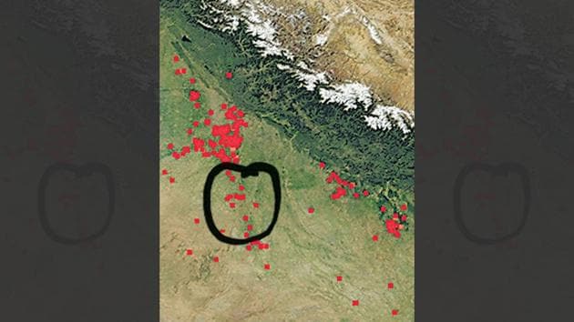 Red dots, appearing on the Nasa’s Fire Information for Resource Management System, indicate any kind of active fires, including stubble burning in northwest India, forest fires and even garbage burning.