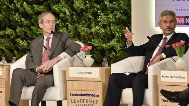 Dr. Huiyao Wang, Founder and President, Centre For China and Globalization (CCG), S. Jaishankar, President, Global Corporate Affairs, Tata Sons and Former Secretary of India, Professor Jean-Pierre Cabestan, Professor, Department of Government and International Studies, Hong Kong Baptist during the Hindustan Times Leadership Summit at Taj Palace in New Delhi, India, on Saturday, October 6, 2018. (HT PHOTO) Dr. Huiyao Wang, Founder and President, Centre For China and Globalization (CCG), S. Jaishankar, President, Global Corporate Affairs, Tata Sons and Former Secretary of India, Professor Jean-Pierre Cabestan, Professor, Department of Government and International Studies, Hong Kong Baptist during the Hindustan Times Leadership Summit at Taj Palace in New Delhi, India, on Saturday, October 6, 2018. (HT PHOTO)