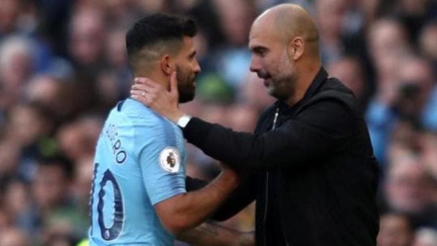 Manchester City's Sergio Aguero with manager Pep Guardiola. (REUTERS) Manchester City's Sergio Aguero with manager Pep Guardiola. (REUTERS)