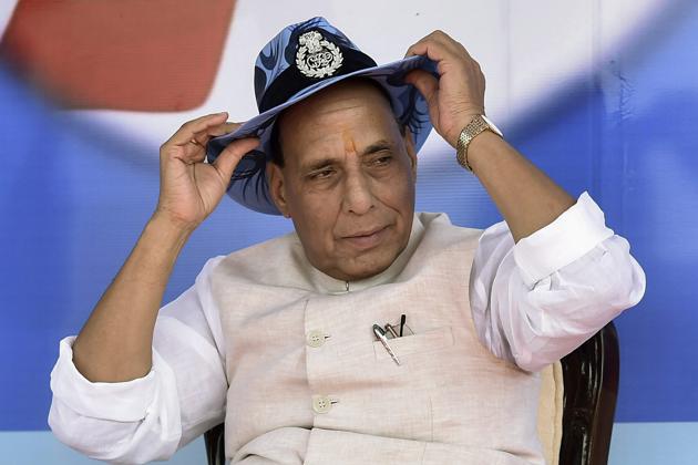 Union home minister Rajnath Singh at a function on the occasion of the 26th anniversary of Rapid Action Force in Bijnore area of Lucknow on Sunday.(PTI)