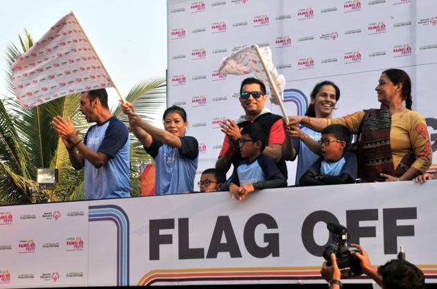 (From left)Shyamal Vallabhajee, Mery Kom, Ajay Khanna,Saina Nehwal during second edition of Fit Famalies Fest at Laxmi Lawns, Magarpatta on Sunday. (HT photo) (From left)Shyamal Vallabhajee, Mery Kom, Ajay Khanna,Saina Nehwal during second edition of Fit Famalies Fest at Laxmi Lawns, Magarpatta on Sunday. (HT photo)