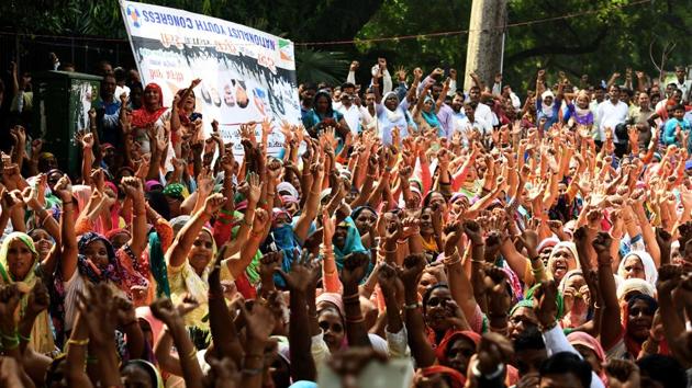East Municipal Corporation of Delhi (MCD) sanitation workers protest at Parliament Street in New Delhi. They have been on a strike since September 12, demanding regularisation of temporary workers and regular payments of salaries. (Amal KS / HT Photo) 