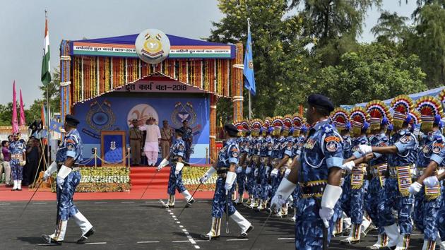 A marching contingent of RAF salutes the Union Home Minister Rajnath Singh at the 26th anniversary of Rapid Action Force in Bijnore area of Lucknow, Sunday, October 7, 2018. (PTI Photo) A marching contingent of RAF salutes the Union Home Minister Rajnath Singh at the 26th anniversary of Rapid Action Force in Bijnore area of Lucknow, Sunday, October 7, 2018. (PTI Photo)