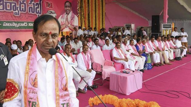 TRS chief K Chandrasekhar Rao during a public meeting on September 7.(PTI Photo)