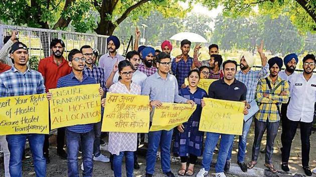 Students holding a protest in front of the vice-chancellor’s office at Panjab University in Chandigarh on Monday. (HT Photo) Students holding a protest in front of the vice-chancellor’s office at Panjab University in Chandigarh on Monday. (HT Photo)