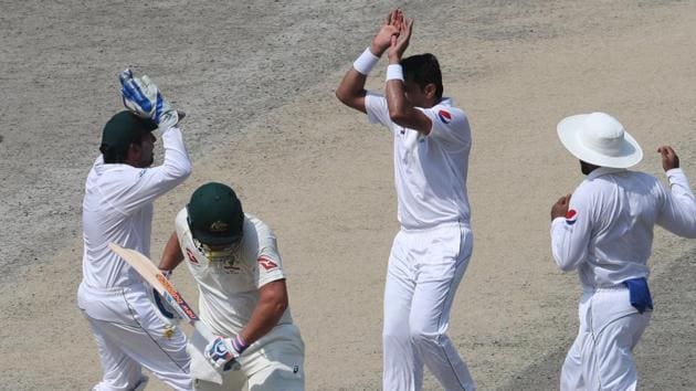 Pakistan cricketer Muhammad Abbas (2R) celebrates with teammates after taking the wicket of Austalian batsman Aaron Finch. (AFP) Pakistan cricketer Muhammad Abbas (2R) celebrates with teammates after taking the wicket of Austalian batsman Aaron Finch. (AFP)