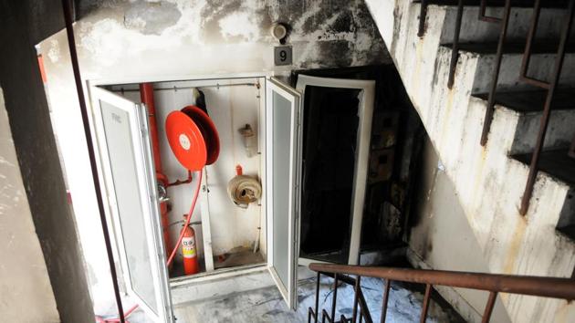 The fire at Gurugram’s Tulip Orange condominium, suspected to be caused by a short circuit, broke out in an electrical shaft on the ground floor of one of the towers. (Parveen Kumar / HT Photo) The fire at Gurugram’s Tulip Orange condominium, suspected to be caused by a short circuit, broke out in an electrical shaft on the ground floor of one of the towers. (Parveen Kumar / HT Photo)
