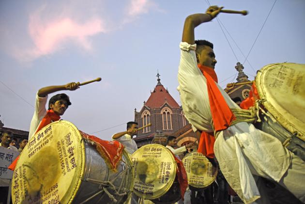 Dhol Tasha pathak performed as Mandai completed 132 years of existence in Pune,on Friday,October 5. (Photo by Sanket Wankhade/HT PHOTO)