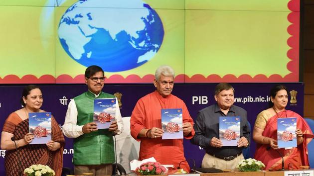 Minister of State for Communications (I/C) and Railways Manoj Sinha (C) released a publication at a press conference on the occasion of the World Post Day in New Delhi. (PIB / PTI) Minister of State for Communications (I/C) and Railways Manoj Sinha (C) released a publication at a press conference on the occasion of the World Post Day in New Delhi. (PIB / PTI)