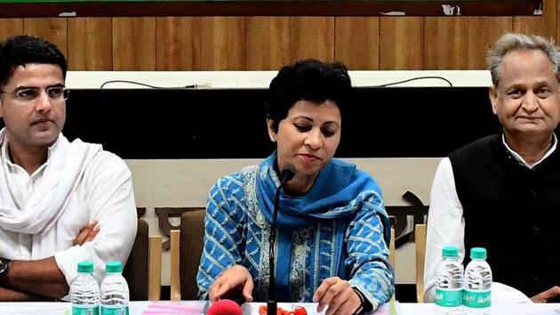 Rajasthan Congress president Sachin Pilot, Congress leader and Rajya Sabha MP Kumari Selja, and former CM Ashok Gehlot at a press conference in Jaipur on Monday, October 8, 2018. (HTPhoto) Rajasthan Congress president Sachin Pilot, Congress leader and Rajya Sabha MP Kumari Selja, and former CM Ashok Gehlot at a press conference in Jaipur on Monday, October 8, 2018. (HTPhoto)