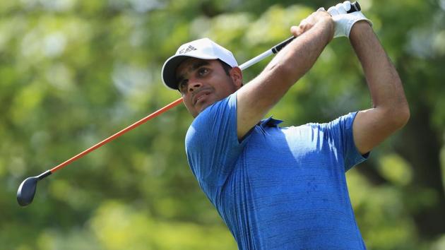 Shubhankar Sharma of India plays his shot from the second tee during the first round of the 2018 PGA Championship.(AFP)