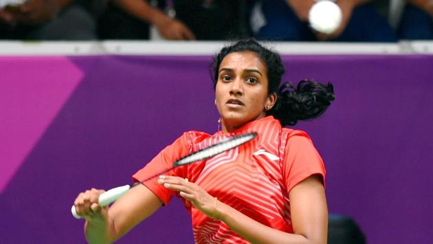 Indian shuttler PV Sindhu in action against Thailand's N Jindapol during women's singles quarterfinal badminton match at the 18th Asian Games 2018, in Jakarta on Sunday, Aug 26, 2018.(PTI)