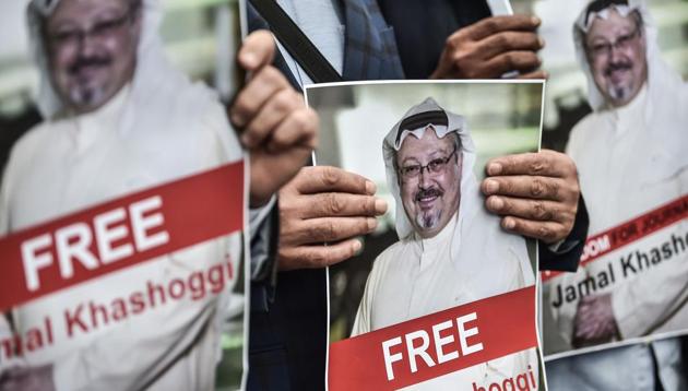Protestors hold pictures of missing journalist Jamal Khashoggi during a demonstration in front of the Saudi Arabian consulate in Istanbul. Khashoggi was last seen a week ago entering the consulate in Istanbul to get documents related to his forthcoming marriage while his fiancee waited outside. (AFP file photo) Protestors hold pictures of missing journalist Jamal Khashoggi during a demonstration in front of the Saudi Arabian consulate in Istanbul. Khashoggi was last seen a week ago entering the consulate in Istanbul to get documents related to his forthcoming marriage while his fiancee waited outside. (AFP file photo)