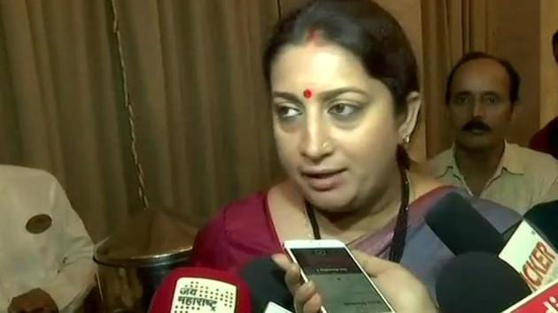 Union minister Smriti Irani speaks to journalists on Thursday. (ANI/Twitter) Union minister Smriti Irani speaks to journalists on Thursday. (ANI/Twitter)