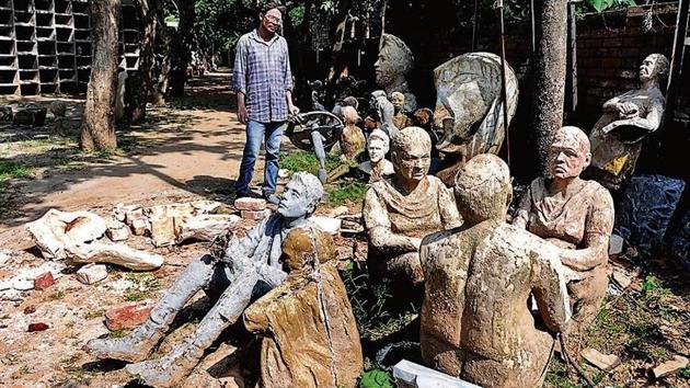 Sculptures kept in a corner at the Government College of Art, Sector 10, in Chandigarh on Wednesday.(HT Photo)