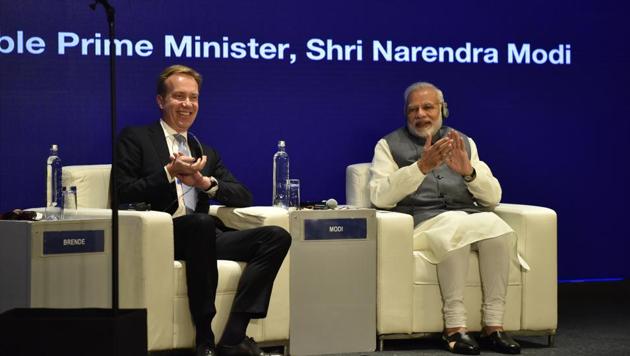 Launching the World Economic Forum (WEF) Centre for the Fourth Industrial Revolution here on Thursday, PM Narendra Modi said the NDA government is willing to change policies to reap dividends of the fourth industrial revolution.(Vipin Kumar/HT Photo)