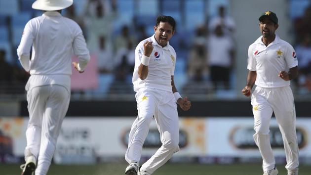 Pakistan's Mohammad Abbas, center, celebrates after taking the wicket of Australia's Aaron Finch during their test match in Dubai, United Arab Emirates (AP) Pakistan's Mohammad Abbas, center, celebrates after taking the wicket of Australia's Aaron Finch during their test match in Dubai, United Arab Emirates (AP)