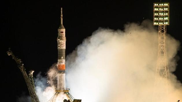 The space capsule Soyuz being launched to the International Space Station from the Russian leased Baikonur cosmodrome in Kazakhstan early on Thursday. The rocket had to make an emergency landing when an engine problem occurred after lift-off.(AP photo)