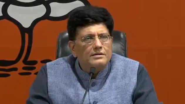 Union minister Piyush Goyal addresses a press conference at the BJP headquarters in New Delhi on Friday.(Twitter)