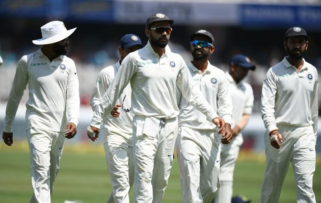 Indian cricket captain Virat Kohli (C) with his team members leaves for a lunch break during the first day's play of the second Test cricket match between India and West Indies at the Rajiv Gandhi International Cricket Stadium in Hyderabad (AFP) Indian cricket captain Virat Kohli (C) with his team members leaves for a lunch break during the first day's play of the second Test cricket match between India and West Indies at the Rajiv Gandhi International Cricket Stadium in Hyderabad (AFP)