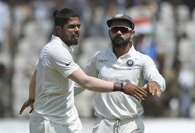 Indian bowler Umesh Yadav celebrates the dismissal of West Indies' Shai Hope during the first day of the second cricket test match between India and West Indies in Hyderabad (AP) Indian bowler Umesh Yadav celebrates the dismissal of West Indies' Shai Hope during the first day of the second cricket test match between India and West Indies in Hyderabad (AP)