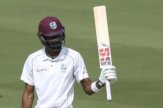 West Indies cricket player Roston Chase celebrates after scoring fifty runs during the first day of the second cricket test match between India and West Indies in Hyderabad (AP) West Indies cricket player Roston Chase celebrates after scoring fifty runs during the first day of the second cricket test match between India and West Indies in Hyderabad (AP)