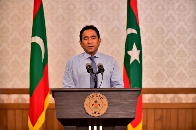 Maldivian President Abdulla Yameen speaks as he gives a statement at President office in Male, Maldives.(REUTERS)