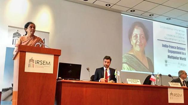 Defence minister Nirmala Sitharaman talks on 'India-France Defence Engagement in a Multipolar World', at Institute of Strategic Research (IRSEM), a military research institute, in Paris on October 12. (PTI Photo) Defence minister Nirmala Sitharaman talks on 'India-France Defence Engagement in a Multipolar World', at Institute of Strategic Research (IRSEM), a military research institute, in Paris on October 12. (PTI Photo)