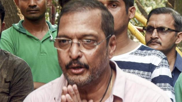 Bollywood actor Nana Patekar reacts while talking to the media in Mumbai.(PTI)