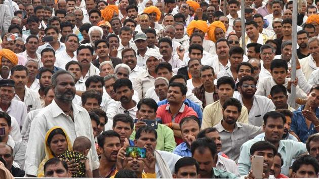 Farmers and youth attend a political rally in Ujjain, in May 2018. Madhya Pradesh goes to polls on November 28.(Mujeeb Faruqui/HT File Photo)