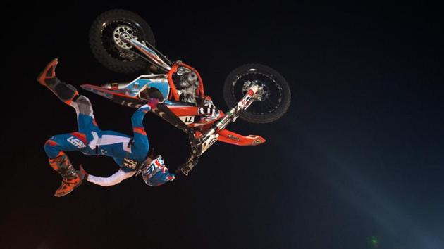 Spanish rider Dani Torres jumps during the FMX Freestyle Spain Championship in Granada, Spain. (Jorge Guerrero / AFP)