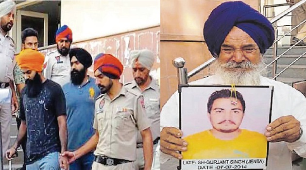 The accused being taken away after the sentencing at a Mohali court on Friday and (right) victim Gurjant Singh’s father breaks down as he shows the potrait of his son.(HT Photo) The accused being taken away after the sentencing at a Mohali court on Friday and (right) victim Gurjant Singh’s father breaks down as he shows the potrait of his son.(HT Photo)