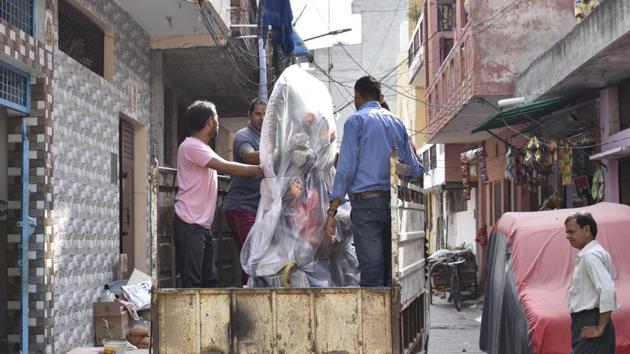 This year, Mondol’s idols have been installed in two Durga Puja pandals in Gurugram, besides Sector 4. Mondol says that the clay is the most important bit in making “Ma”. Work does not stop for him but he says he will go to see his crafted Durga Idol in the Sector 4 Durga Puja Pandal and pray to the goddess for health and happiness. (Sanjeev Verma / HT Photo) 
