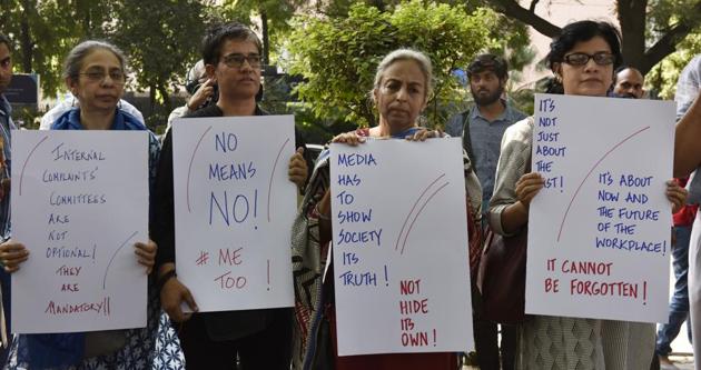 Journalists protest against the sexual harassment at the workplaces as part of the #Metoo campaign at Parliament Street in New Delhi on October 13. (Mohd Zakir/HT PHOTO) Journalists protest against the sexual harassment at the workplaces as part of the #Metoo campaign at Parliament Street in New Delhi on October 13. (Mohd Zakir/HT PHOTO)