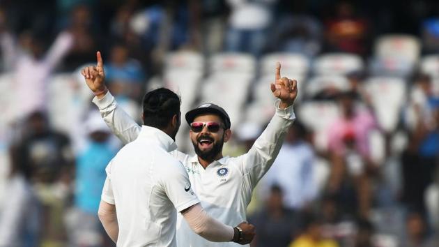 Indian captain Virat Kohli and bowler Umesh Yadav celebrates the dismissal of West Indies batsman Shannon Gabriel (R) during the third day's play of the second Test cricket match between India and West Indies at the Rajiv Gandhi International Cricket Stadium in Hyderabad on October 14, 2018(AFP) Indian captain Virat Kohli and bowler Umesh Yadav celebrates the dismissal of West Indies batsman Shannon Gabriel (R) during the third day's play of the second Test cricket match between India and West Indies at the Rajiv Gandhi International Cricket Stadium in Hyderabad on October 14, 2018(AFP)