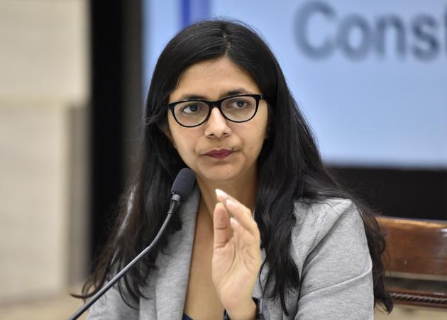 Delhi Commission for Women (DCW) chief Swati Maliwal addresses a press conference in New Delhi.(Sonu Mehta/HT PHOTO)