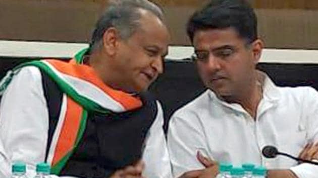 Former Rajasthan CM Ashok Gehlot and state Congress president Sachin Pilot at a party meeting in Jaipur on October 14, 2018.(HT Photo) Former Rajasthan CM Ashok Gehlot and state Congress president Sachin Pilot at a party meeting in Jaipur on October 14, 2018.(HT Photo)