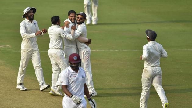 Hyderabad: Indian bowler Umesh Yadav celebrates with the teammates after dismissing the last West Indies batsman Hannon Gabriel on Day 3 of the second cricket test match, in Hyderabad, Sunday, Oct 14, 2018. (PTI) Hyderabad: Indian bowler Umesh Yadav celebrates with the teammates after dismissing the last West Indies batsman Hannon Gabriel on Day 3 of the second cricket test match, in Hyderabad, Sunday, Oct 14, 2018. (PTI)