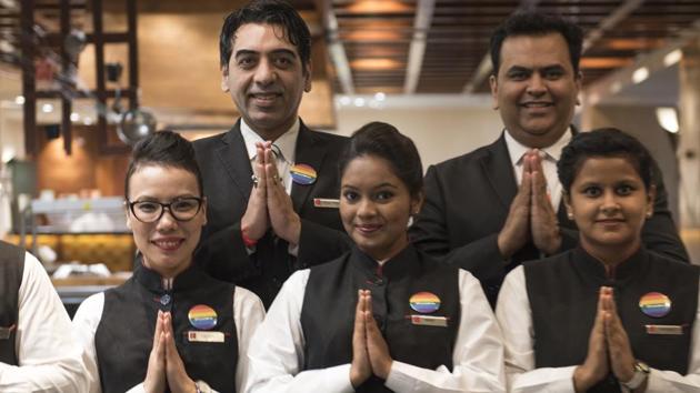 The staff of Lalit Group of Hotels in Mumbai wear badges showing their support for the LGBTQ community. (Satish Bate/HT File) The staff of Lalit Group of Hotels in Mumbai wear badges showing their support for the LGBTQ community. (Satish Bate/HT File)