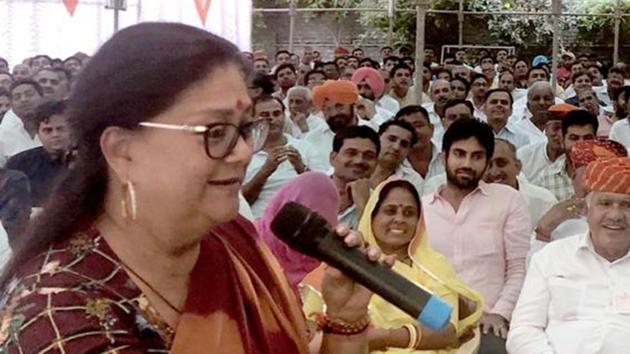 Rajasthan chief minsiter Vasundhara Raje speaks at a meeting with the party workers in Ranakpur, Pali, on Sunday, October 14, 2018.(HT Photo)