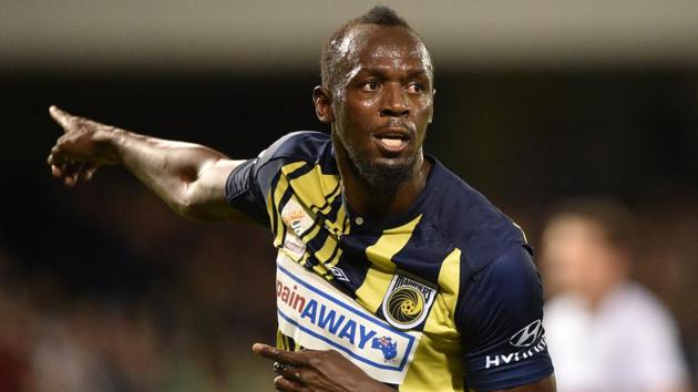Usain Bolt celebrates scoring a goal for A-League football club Central Coast Mariners.(AFP)