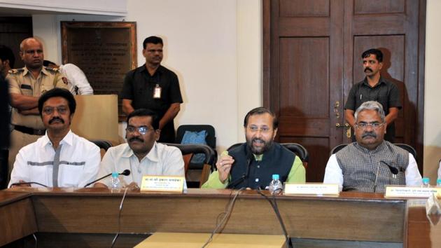 Union human resource development (HRD) minister Prakash Javadekar (second from right) during the DPDC meeting at Council hall in Pune on Monday. (HT PHOTO) Union human resource development (HRD) minister Prakash Javadekar (second from right) during the DPDC meeting at Council hall in Pune on Monday. (HT PHOTO)