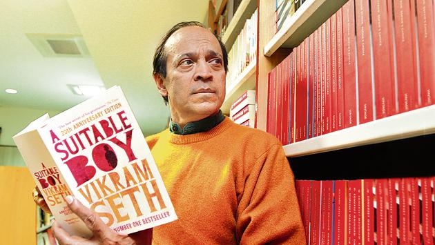 Novelist and poet Vikram Seth with his sprawling novel whose heart is the story of a young girl, Lata, and her three suitors.(Sanjeev Verma / HT)