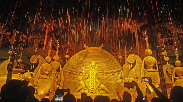 At the 72th Durga Puja of Tridhara Sammilani, the theme is Prakriti Ratane Sajhabo Jotone (decorate nature with care) where concept and idol artist Gourango Kuila has used environment friendly earthen pots and jute as prime materials in South Kolkata. (Samir Jana / HT Photo) At the 72th Durga Puja of Tridhara Sammilani, the theme is Prakriti Ratane Sajhabo Jotone (decorate nature with care) where concept and idol artist Gourango Kuila has used environment friendly earthen pots and jute as prime materials in South Kolkata. (Samir Jana / HT Photo)