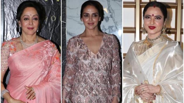 Beautiful ladies Hema Malini, Esha Deol and Rekha at the actor and BJP MP’s birthday celebrations.(Viral Bhayani)