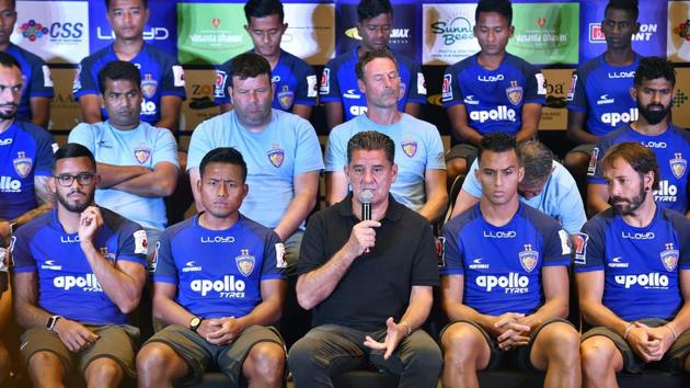 Chennai: Chennaiyin FC coach and former English footballer John Charles Gregory (C) speaks during a press conference ahead of Indian Super League (ISL) 2018-19)(PTI)