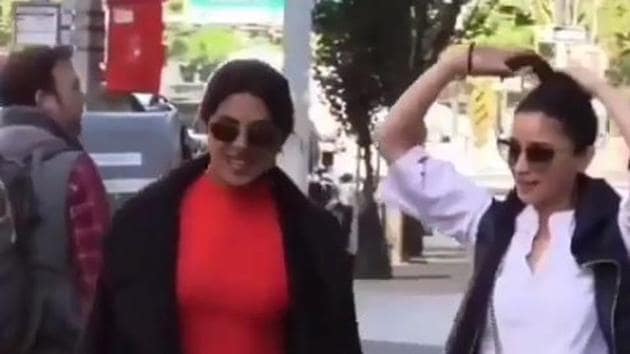 Priyanka Chopra spent time with her girl pal Alia Bhatt, who is in New York to be with Ranbir Kapoor and his parents. (Screengrab) Priyanka Chopra spent time with her girl pal Alia Bhatt, who is in New York to be with Ranbir Kapoor and his parents. (Screengrab)