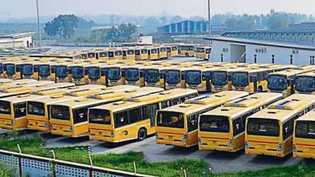 UMTCL had purchased around 93 fully air-conditioned (AC) buses for the project and around 70 buses have been gathering dust at a depot near the Verka Chowk for more than a year.(HT Photo)