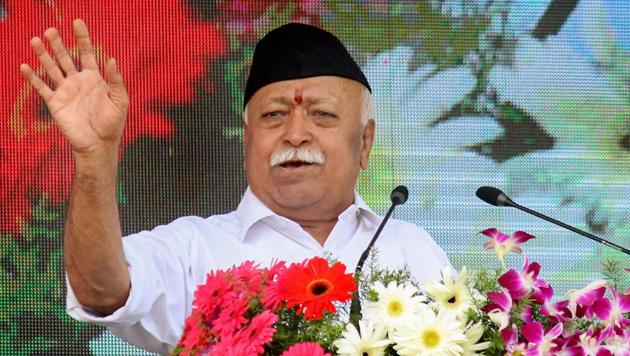 RSS chief Mohan Bhagwat addresses the Vijay Dashmi function at RSS headquaters in Nagpur, Maharashtra, on October 18, 2018. (PTI) RSS chief Mohan Bhagwat addresses the Vijay Dashmi function at RSS headquaters in Nagpur, Maharashtra, on October 18, 2018. (PTI)